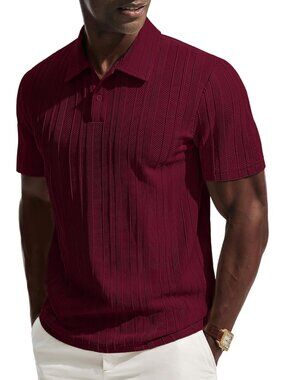 Men's Red Polo Shirts Short Sleeve Casual Textured Knit Collared Golf